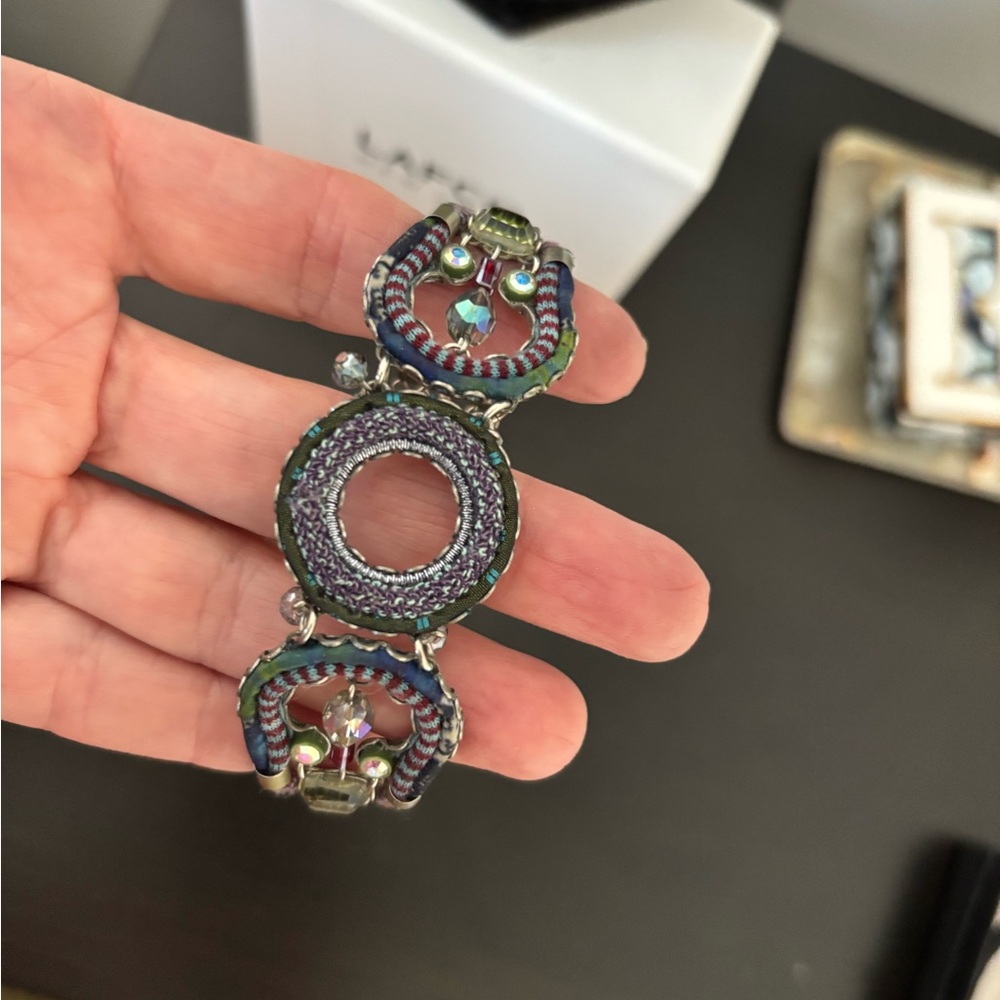 Purple and Green Filigree Bracelet with Ornate Medallions